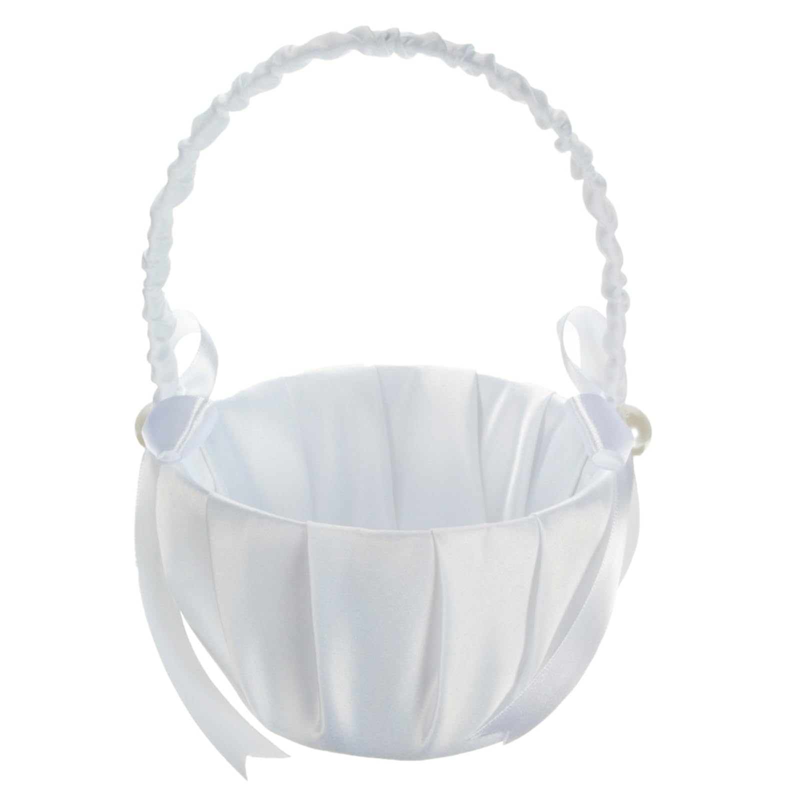 dDanke Satin Flower Girl Basket with Handle 13cm Diameter White Pearl Bow Wedding Ceremony Decoration