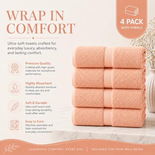 Image of Sulfar 100% Combed Cotton, Quick Drying Highly Absorbent, Luxury Hand Towel Set (Pack of 4, 40 X 70 cm) Tender Peach