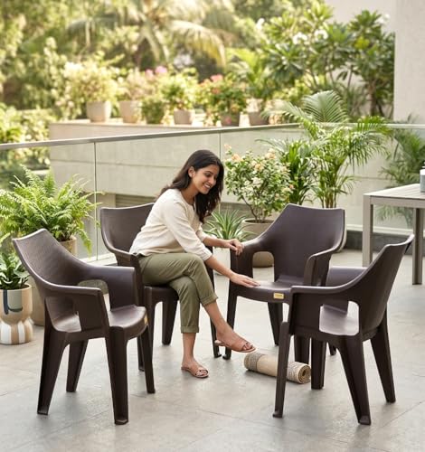 Image of Plastic Chair Set of 4 for Home & Outdoor Use | Heavy Duty Comfortable Chair with Strong Legs | Easy to Clean | Suitable for Living Room, Balcony (Pack of 4-Oxford | Brown)