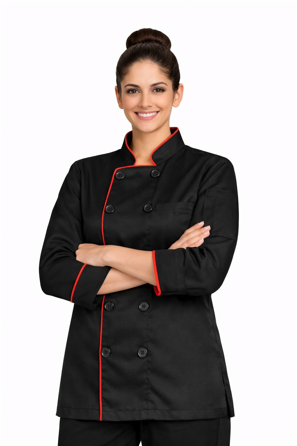 women chef coat for hotel restaurant & kitchen staff | white chef uniform with black piping | professional chef jacket for women