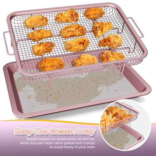 Image of Oven Air Fryer Basket and Tray, OPENICE 2 Set Air Fryer Basket and Tray for Oven with 60 Pcs Parchment Paper, Air Fryer Pan Crisper Tray for Baking, Crisping - Pink