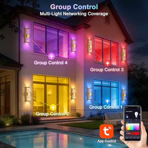 Image of Smart Outdoor Wall Light, RGB, App and Alexa, Gold, 2-Pack | IP65 Metal Smart Wall Light with 960 lm LED, 16M RGB, 2700K-6500K White, Tuya App, Alexa, Music Sync and Group Control