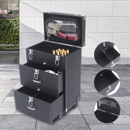 3 Ebenen Rolling Makeup Train Case Kosmetikkoffer Schminkkoffer Kosmetikkoffer Hartschale Schminkkoffer Damen Beauty Case mit Teleskopgriff und Rollen mit Bremsen, Rechteckig, für Make-up-Künstler