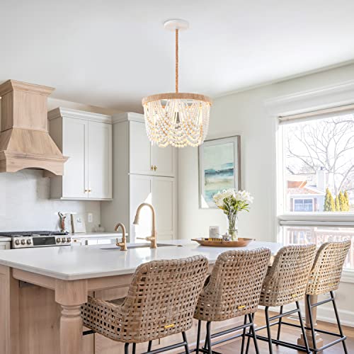 VILUXY Bohemia Wood Beaded Pendant Lights Antique Rustic Mini Chandelier White Finishing for Bedroom, Nursery Room, Girl Room, Hallway, Entryway, Passway, Dining Room, 3-Light - Image 5