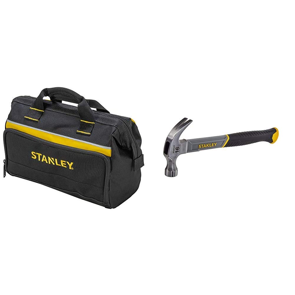 STANLEYTool Bag 30 x 25 x 13 cm in Resistant 600 x 600 Denier with 8 Interior 2 Exterior Pockets and Reinfored Base 1-93-330 & STANLEY STHT0-51309 16oz Fiberglass Curved Claw Hammer, 450g