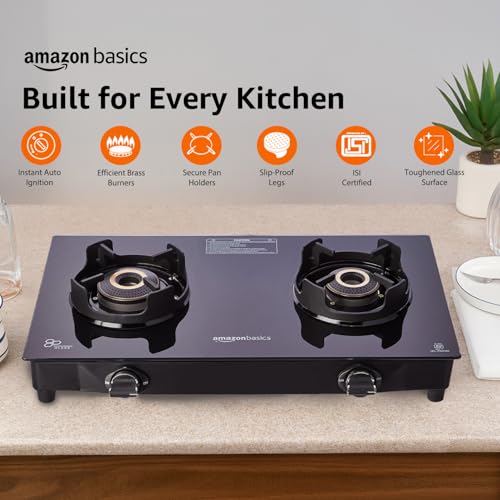 Image of Amazon Basics 2 Burner Glass Top Gas Stove - Auto Ignition, 5G Brass Burners, Crown Pan Supports, ISI Approved, Toughed Glass Top, Anti Skid Legs - Black