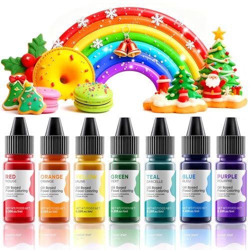 Oil Based Food Coloring for Chocolate Rainbow Oil Edible Food Dye Set for Halloween Baking Royal Icing Cookie Supplies Gluten Free 7x6ml Food Grade Food Color Kit, 0.25 Fl. Oz/Bottles