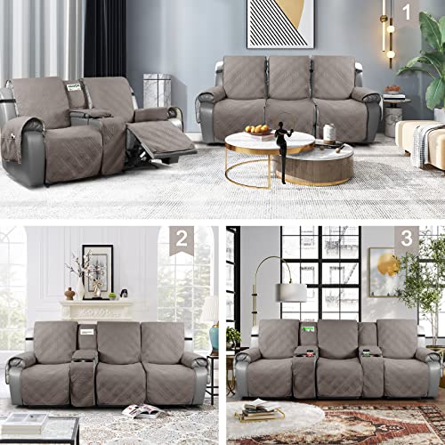 Image of TAOCOCO Waterproof Recliner Sofa Cover with Center Console, 3 Seater | Non Slip & Washable Reclining Couch Cover for Dogs & Pets, Split Reclining Chair Covers with Straps & Pockets, Light Brown