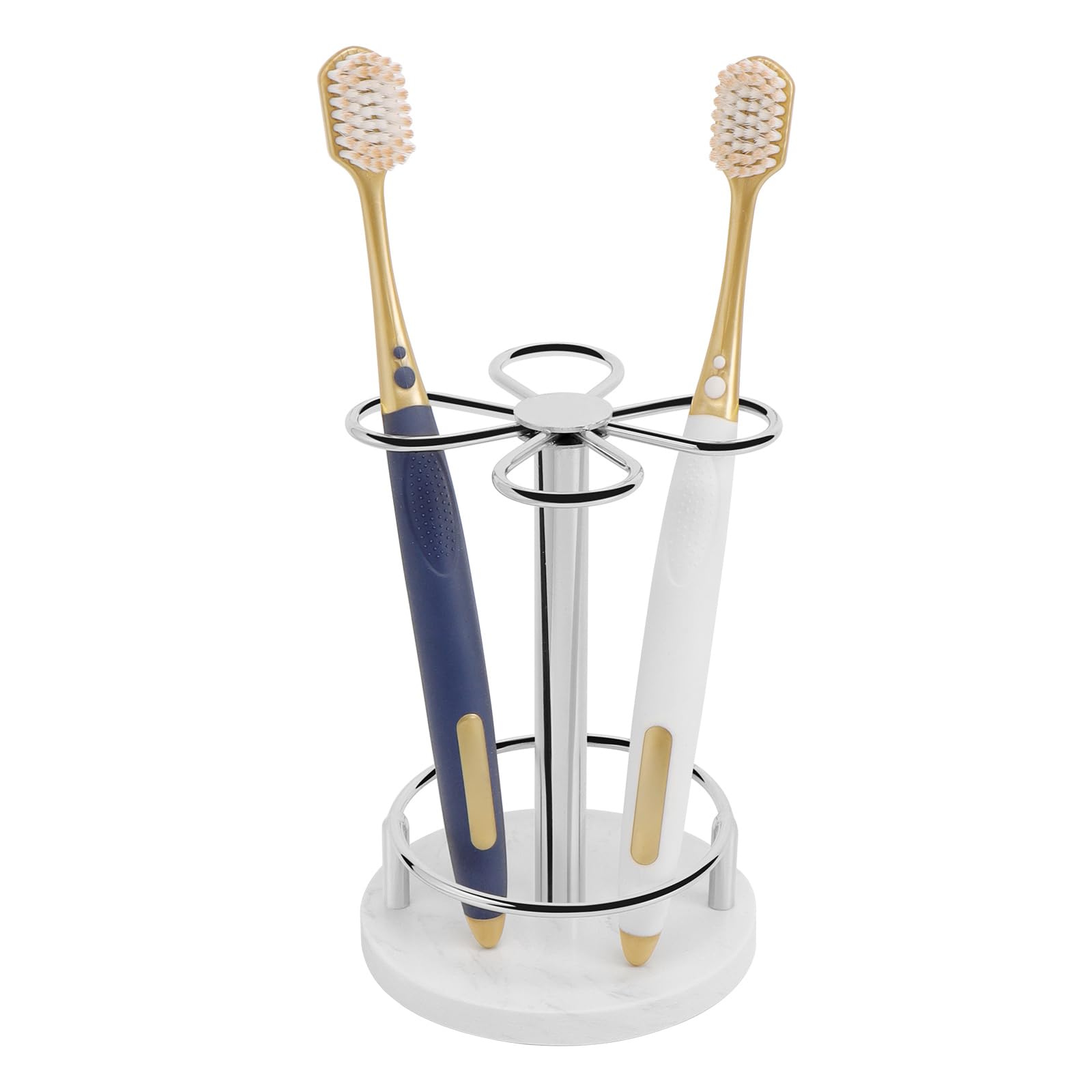 Toothbrush Holder Stand for Bathroom, Metal Toothbrush Organizer with Marble Base, Toothbrush Storage Collection for Family, Suitable for Home Hotel Countertop Vanity (Small, Chrome Finish)