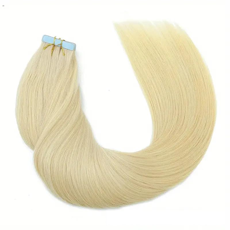 Tape in Hair Extensions Human Hair Platinum Blonde 18 Inch 50g/pack 20pcs Straight Seamless Skin Weft Tape in Real Human Hair Extensions (60A, 18inch)