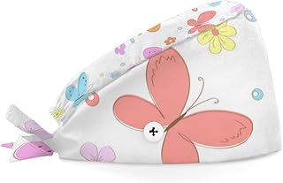 Bouffant Scrub Caps Printed Working Surgical Cap Cute Butterfly Nurse Hats with Buttons and Sweatband Adjustable Tie Back Hat for Women Men Multi Color