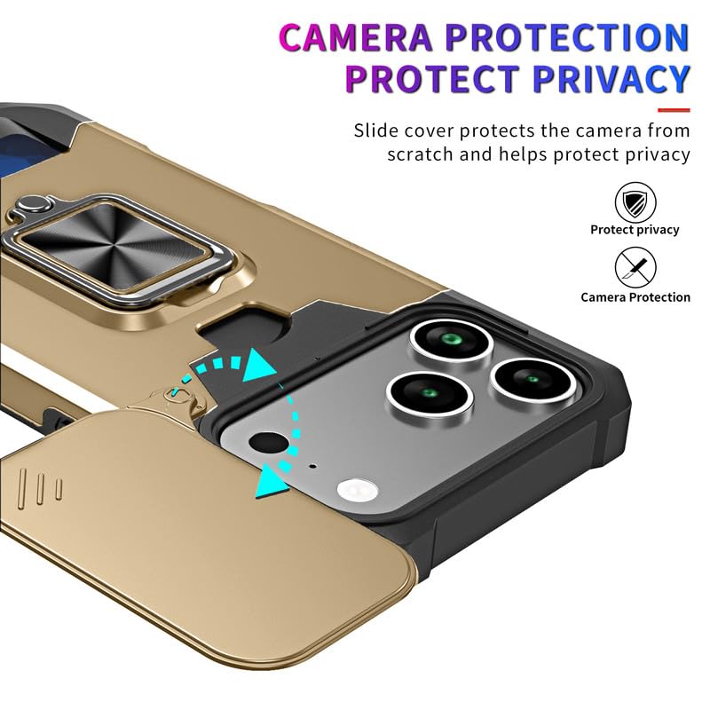 Image of LuxuryKase Shockproof Armor Case for iPhone 17 Pro | Slide Camera Cover | Hidden Card Slot | Rotating Ring Kickstand | Magnetic Car Mount Support | Military Grade Protection - Gold