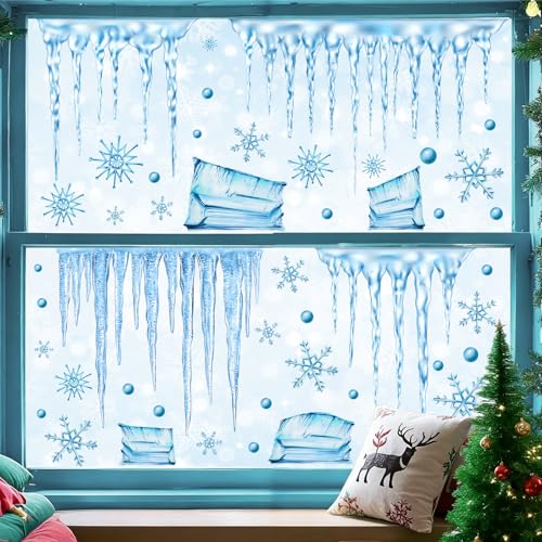 Winter Window Clings Icicle Snowflake Window Stickers Christmas Windows Decorations Winter Snow Wall Decals Ice Cube Xmas Holiday Glass Decals for Glass Windows Party Supplie