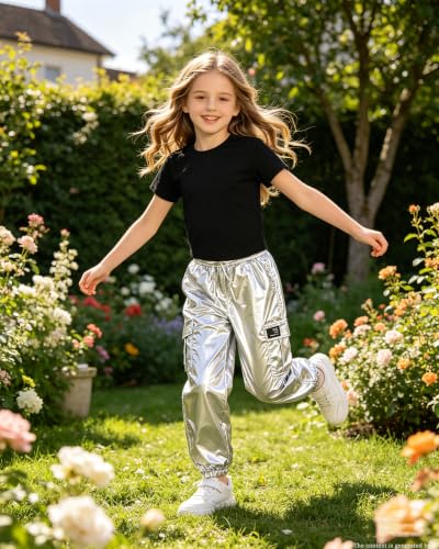 Image of Betusline Girls 2 Piece Summer Outfits,Kids Casual Short Sleeve Crop Top & Cargo Jogger Pants Sets,4T-14Y