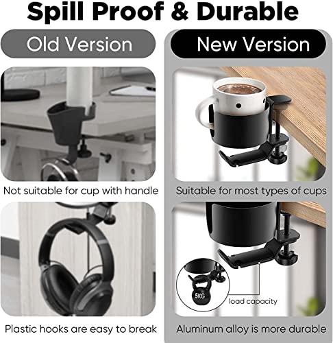 Desk Cup Holder with Headset Holder, Anti Spill with 360 Degree Rotatable Headphone Hanger Holder, Clip on Easy Installation for Water Bottles, Backpack, Cup