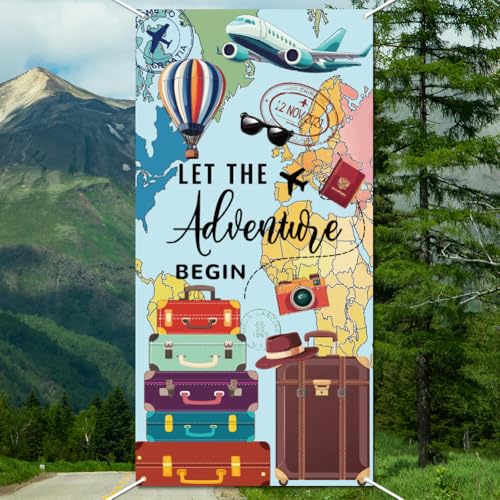 WADORN Que L'Aventure Commence Bannière de Décoration de Fête, d'anniversaire Adventure Awaits Bannière de Photomaton de Voyage en Tissu Arrière Plan de Photographie pour Remise de Diplôme 90x180cm