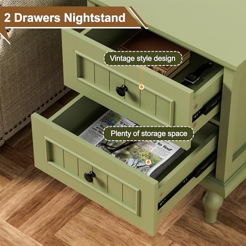 Image of Scurrty Vintage Nightstand, Antique End Table with 2 Drawers, Taller Nightstand for Bedroom, Side Table for Bedroom,Green (Single)