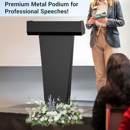 Tredre Podium Stand with Wheels, Heavy-Duty Metal Lecterns & Podiums with Storage, 46.5”H Portable Pulpits for Churches, Classrooms and Conferences, Scratch-Resistant Surface, Black