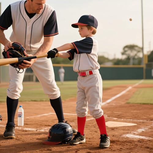 Mikovivi Jugend Baseball Socken Gürtel und Ball Kombi Set, Kinder Softball Socken Verstellbarer Gürtel und Baseball für Jungen Mädchen (Rot, S)