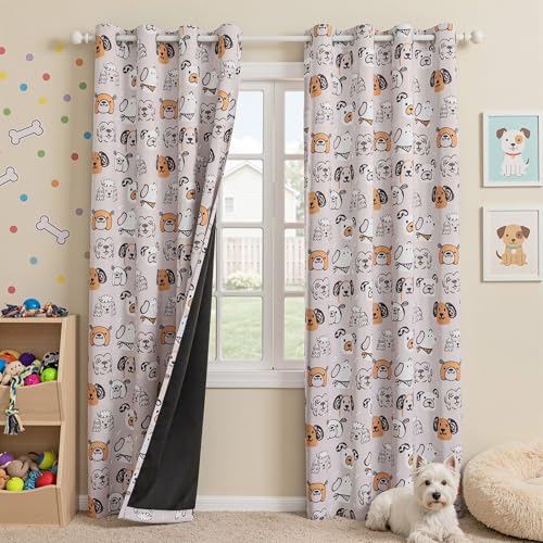 Image of MYSKY HOME Kids Blackout Curtains 95% Light Blocking Grommet Drapes 84 Inch Length 2 Panels Set with Cartoon Dog Patterns for Girls Boys Nursery Bedroom Playoom, Each Panel 52 inch W, Grey