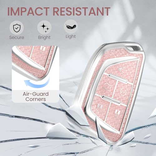 Image of for Cadillac Key Fob Cover with Fashionable Zirconia Wristlet KeyChain,Enchanting Diamond Patterns Soft Case for Escalade ATS XT4 /5 /6 XTS CT6 CTS ELR SRX STS (Pink, B)
