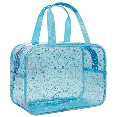Junesters Clear Blue Star Large Makeup Bag with Star Pattern 12x5x8 inch, Travel Cosmetic Bag with Handle, Durable PVC Material Washbag Zipper Opening Design for Makeup Travel Organizer or Gym Use