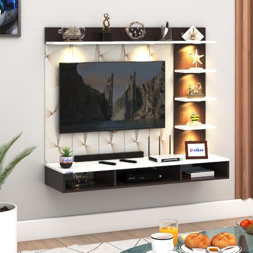 Image of Anikaa Tyron Engineered Wood Wall-Mount TV Unit with PVC Back Panel & LED Lights | TV Cabinet with Storage Box & Decorative Shelves (Wenge /White) | Ideal for TVs up to 55 Inch | DIY Installation