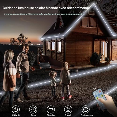 DBFAIRY 15 m 540 LEDs Solar Powered LED Light Strips, Waterproof, 8 Modes Solar Light Strips for Outdoor Use with Remote Control, Cuttable Light Strip for Home, Garden, Patio, Balcony (White) - 4