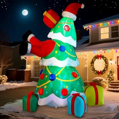 Alupssuc 10FT Inflatable Christmas Tree Decorations Outdoor with Built-in LEDs Lights, Blow Up Santa Claus Tree with 4 Gift Boxes Outside/Indoor Xmas for Yard, Garden, Lawn, Party, Holiday Decor