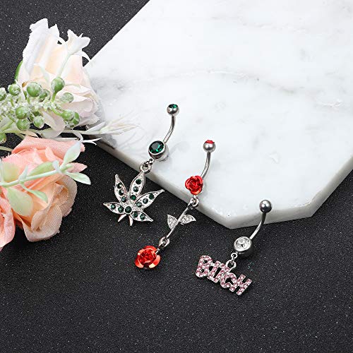 Drperfect 6Pcs 14G Dangle Belly Button Rings Rose Gold Silver Plated 316L Stainless Steel Belly Button Piercing Jewelry For Women #TOP4