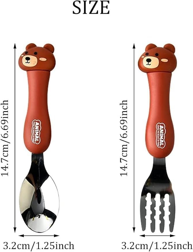 Image of Bekner Kids Cutlery Set, Stainless Steel Spoon and Fork with Animal Design Handles, 14.7 cm, Multicolor, Pack of 2 (Brown)