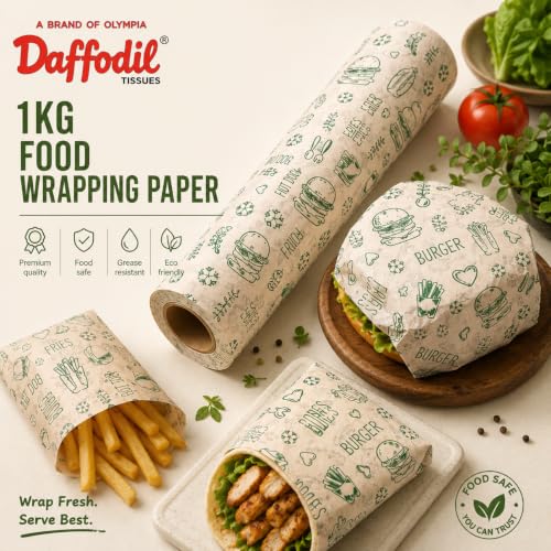 Image of DAFFODIL Food Wrapping Paper Roll 1kg | Premium Food Grade Greaseproof & Oil Resistant Wrapping Paper | Ideal for Sandwiches, Burgers, Bakery, Snacks, Takeaway & Food Packaging