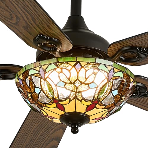 Kunywooe 52 Tiffany Style Ceiling Fans with Lights Vintage Chandelier Ceiling Fan with Stained Glass Shade Dimmable LED 6 Speeds Reversible for Bedroom (Art Nouveau)