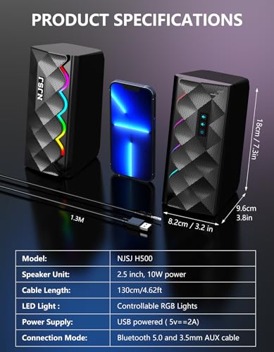 Altavoces de computadora NJSJ con Bluetooth y luces RGB de 6 efectos para PC 7