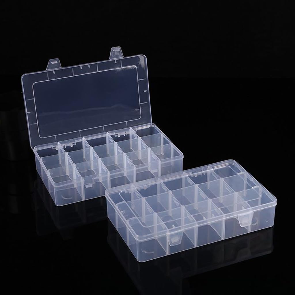 2 Pcs Large 15 Grids Plastic Organizer Box Clear Storage Container with Adjustable Dividers for Beads, Washi Tapes, Art DIY Crafts, Jewelry, Fishing Tackle, Component and Small Parts