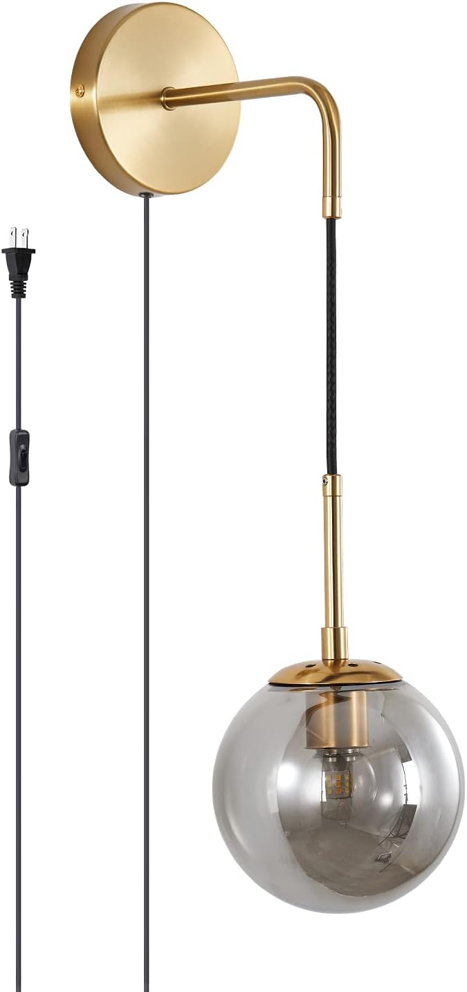 KCO Modern Globe Wall Sconce with Plug in Industrial Vintage Wall Lamp On/Off Switch Adjustable Minimalist 1-Light Mounted Reading Lamps for Bedroom Living Room Corridor (Smoke Gray)