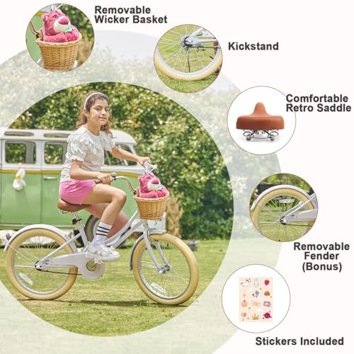 Image of Glerc Little Molly 12-20 Inch Kids Retro Cruiser Bike for 2-13 Year Old with Wicker Basket & Training Wheels /Kickstand, Multiple Colors
