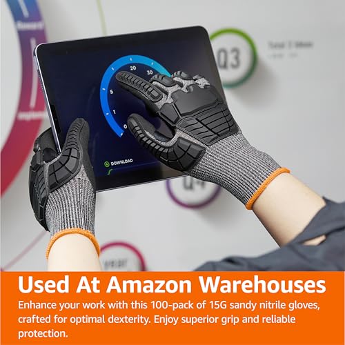 Amazon Basics Cut Level A2, Abrasion ANSI Level A4, Impact Protection Gloves with Touch Screen Friendly 15G Sandy Nitrile Palm, Pack of 100 Pairs, Black, Size XXXS image 5