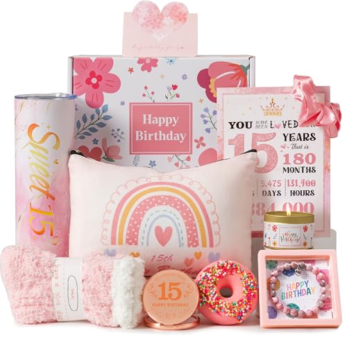 15th Birthday Gifts for Girls Best Basket Presents Ideas for Turning 15 Year Old Girls Happy Sweet 15th Birthday Pamper Hamper HBD Box Kit for Her Sister Daughter Granddaughter Niece Teenage Teen