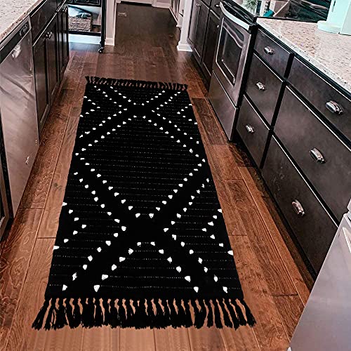 Uphome Alfombra de algodón Boho tejida a mano, alfombra geométrica en blanco y negro, elegante diamante tribal, lavable para casa, dormitorio, cocina, sala de estar, 2,3 x 5,3 cm Cover