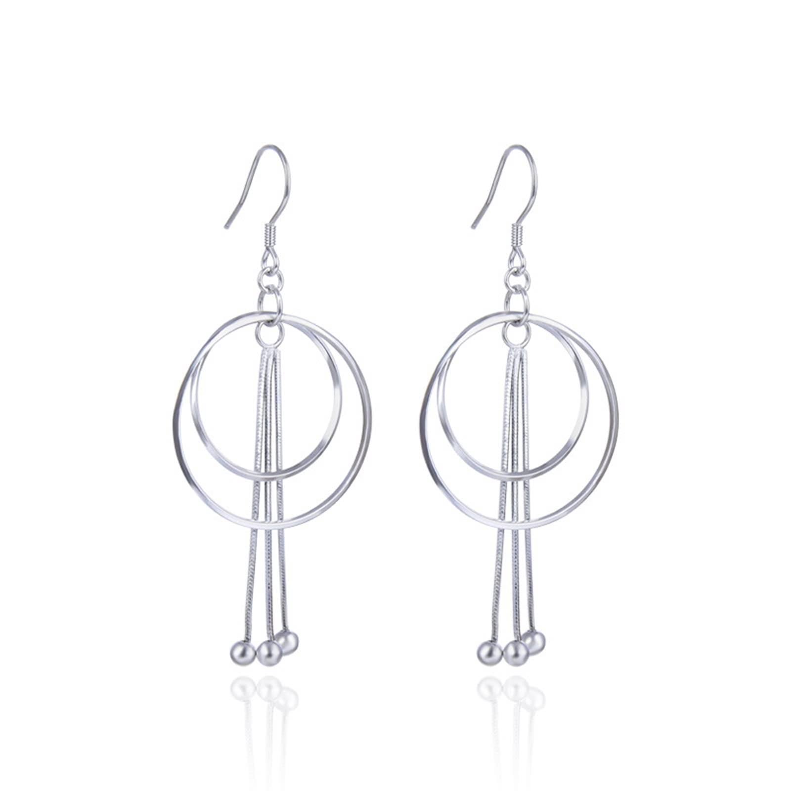 Orecchini pendenti in argento sterling, orecchini in argento per adolescenti tre grandi cerchi francesi filo alla moda da donna 53 x 25,1 mm, Nessuna pietra preziosa
