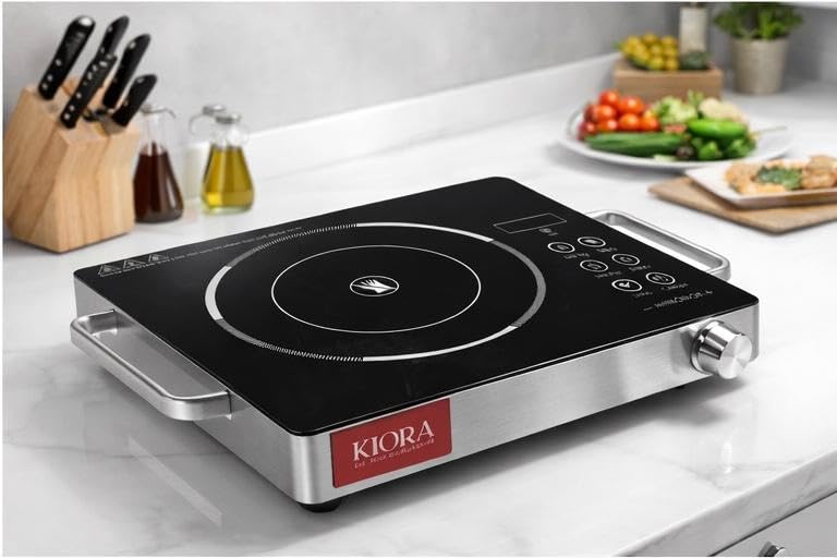 Image of KIORA Infrared Induction Cooktop, 2200 Watts, 8 Power Levels, Crystal Heating Plate, LED Display, Preset Functions, Stainless Steel Handles, Control Knob