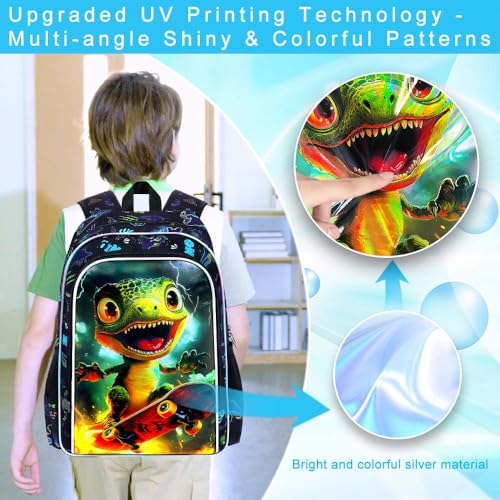Image of 3Pcs Dinosaur Backpack, Boys Kids Bookbag with Lunch Box, 16 inch Dino School Backpacks for Elementary Preschool Kindergarten (Black)