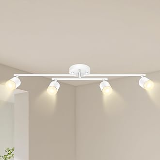 BoostArea 4 Light Track Lighting Kit, White 4 Way Ceiling Spot Lighting, Center Swivel Track Light Heads, Flexibly Rotatable Light Head for Kitchen, Living Room, Bedroom, GU10 Bulb Not Included