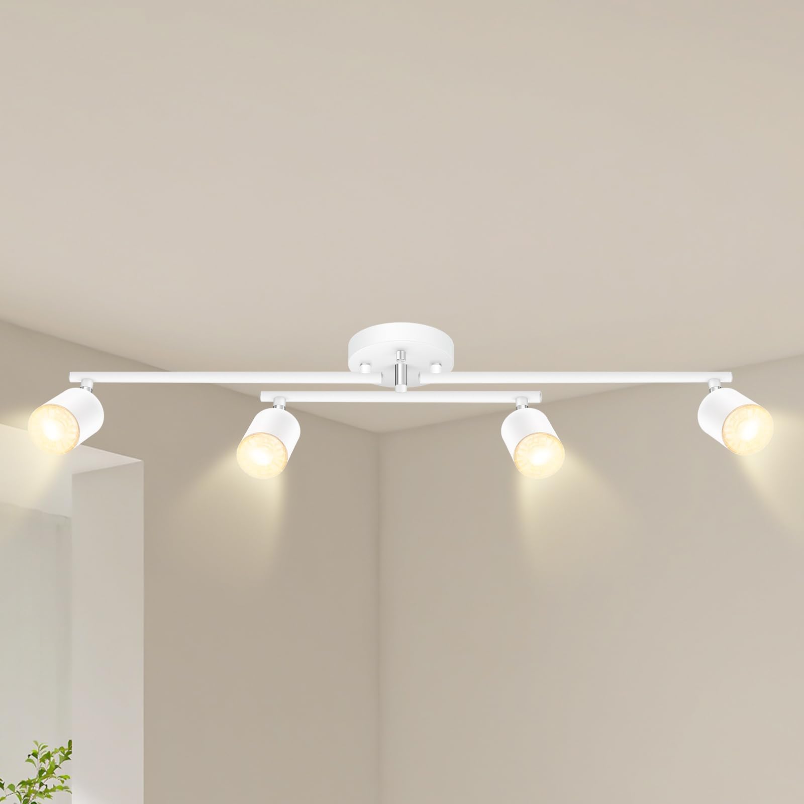 BoostArea 4 Light Track Lighting Kit, White 4 Way Ceiling Spot Lighting, Center Swivel Track Light Heads, Flexibly Rotatable Light Head for Kitchen, Living Room, Bedroom, GU10 Bulb Not Included