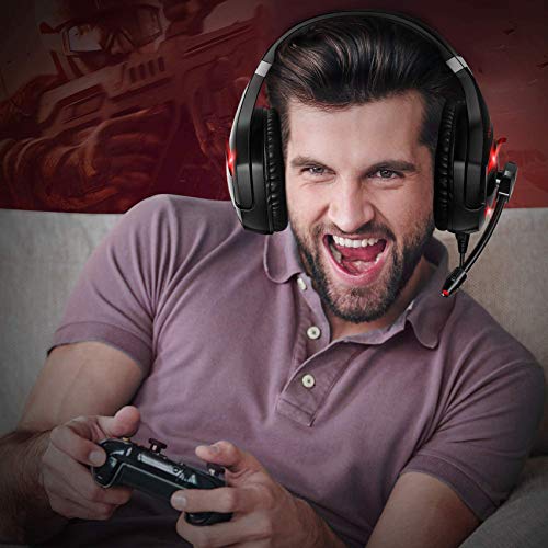 ONIKUMA Gaming Headset - Gaming Headphone with Microphone and Surround Sound, Red LED Light, Noise Canceling Soft Memory Ear Cup Headset for PC, PS4, Xbox One (Adapter Not Included)