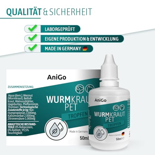AniGo Wurmkraut PET Liquid Tropfen flüssig 50ml – für Hunde & Katzen, mit echtem Wurmkraut (Artemisia Absinthium) in rezepturbasierter Pflanzenformel, geeignet für alle Haustiere