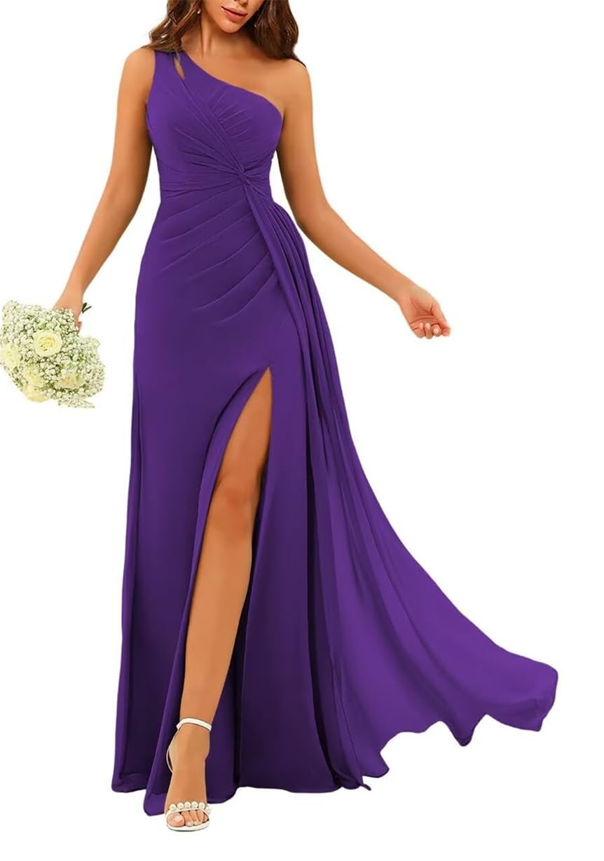Wseyu Women's Purple One Shoulder Princess Bridesmaid Dresses Cut Out Twist Prom Dresses Chiffon Formal Evening Party Gown Zm155 Uk6