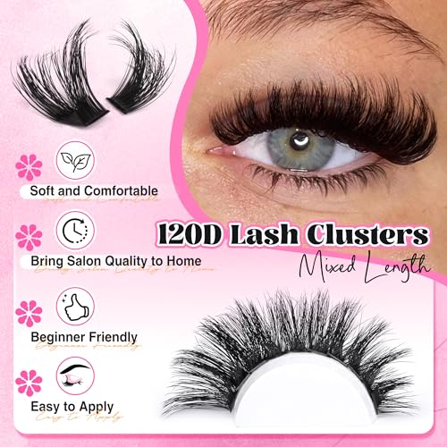Lanflower Lash Clusters Kit with Bottom Lashes Extension 120D Thick Volume Cluster Lashes Waterproof Cluster Eyelash Extensions Kit D Curl Eyelash Extension Kit Fluffy 10-18 mm Individual Lashes - Image 5