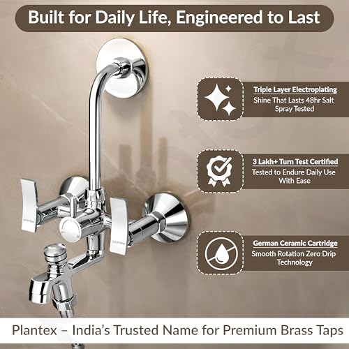 Image of Plantex Pure Brass 3-in-1 Wall Mixer with L-Bend Provision for Overhead and Hand Shower /Bathroom Mixer Tap with Brass Wall Flange & Teflon Tape /Wall Mixer for Bathroom - (Star, Chrome)